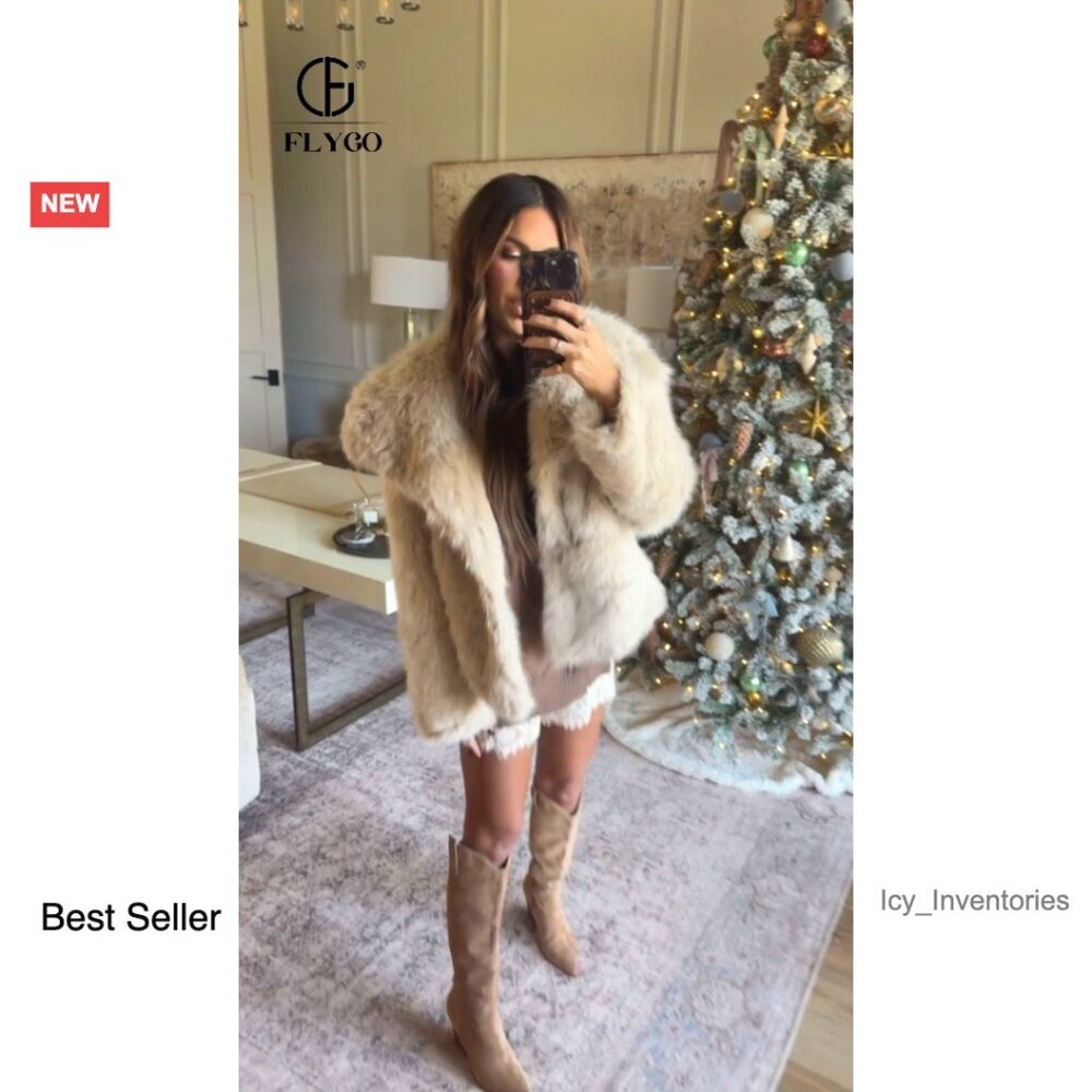 Faux Fur Coat Fluffy Shaggy Parka Elegant Winter Jacket Open Front Lapel - Picture 5 of 7